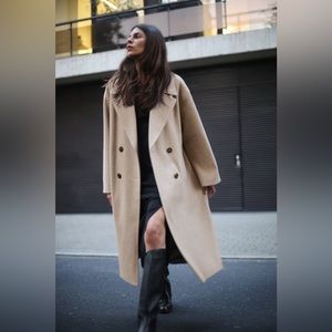 Zara Beige Double Breasted Oversized Coat